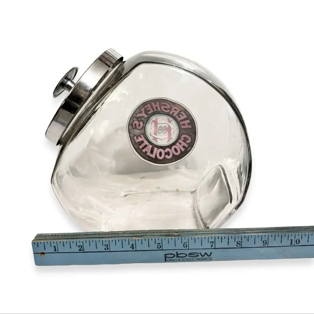 Vintage 1980s Hershey’s Chocolate Glass Tilt Candy Jar Chrome Lid Advertising
